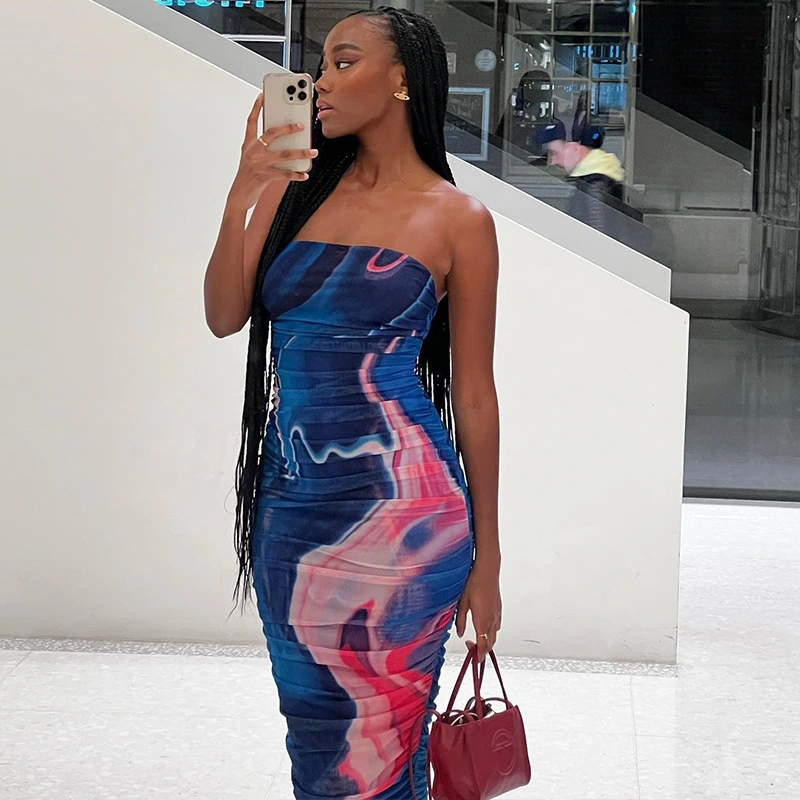 Digital Printed Mid Length Pleated Slim Wrap Dress