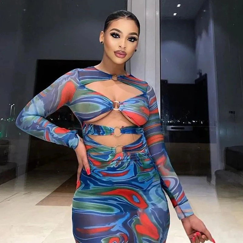 Round Neck Long Sleeve Sexy Cutout Slim Fit Printed Hip Dress