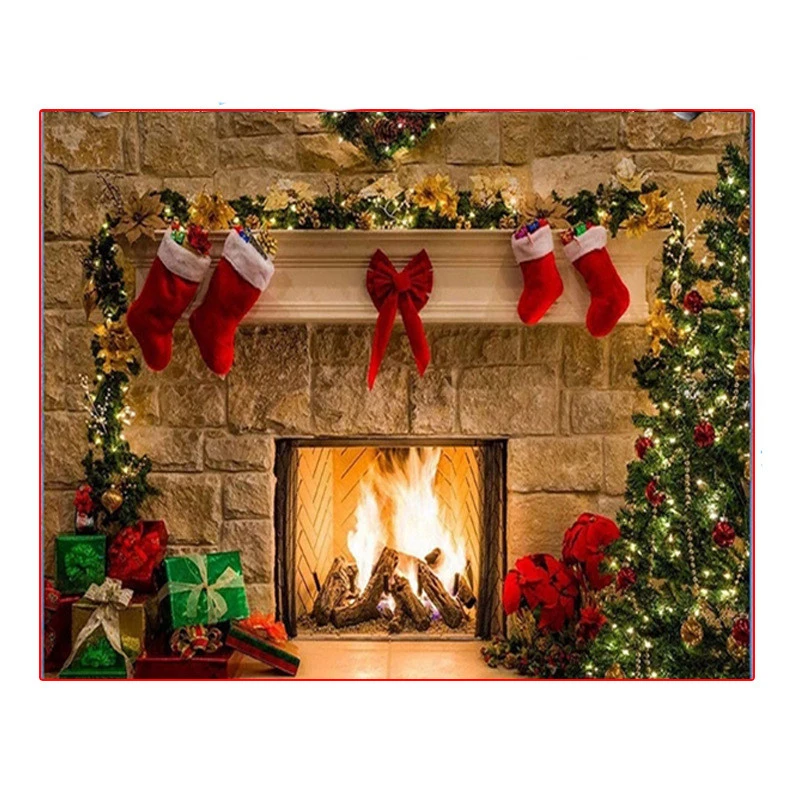 Christmas 3D Digital Studio Fireplace Background Cloth