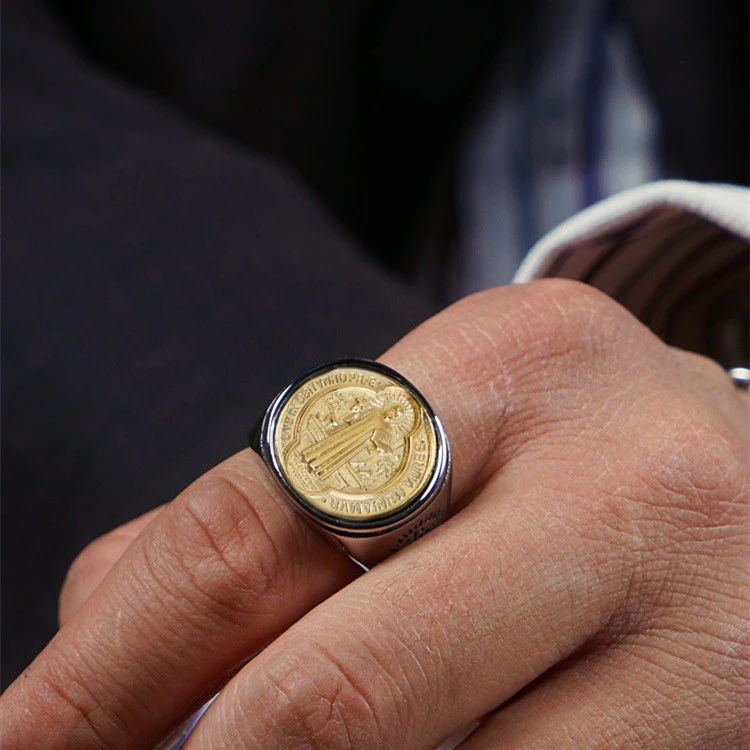 Men's Christian Medal Of St. Benedict In Titanium And Brass Ring