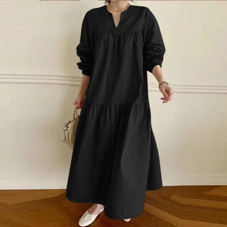Vintage Cotton Linen V-Neck Shirt Sleeves Long Loose Swing Dress