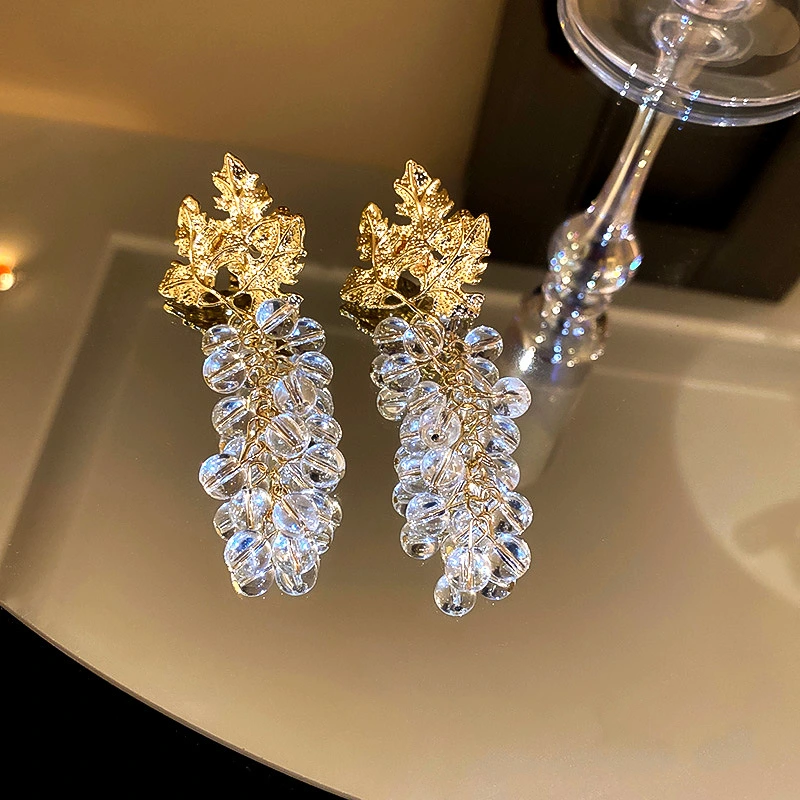 Silver Needle Crystal Leaf Earrings Fashion