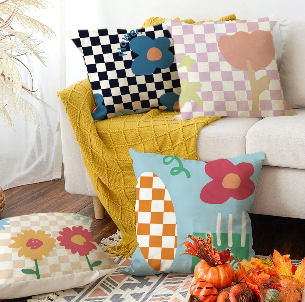 Checkered Flower And Plant Printing Pillow Cover