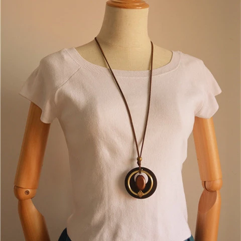 Wooden Ring Pendant Long Necklace Women's Dress