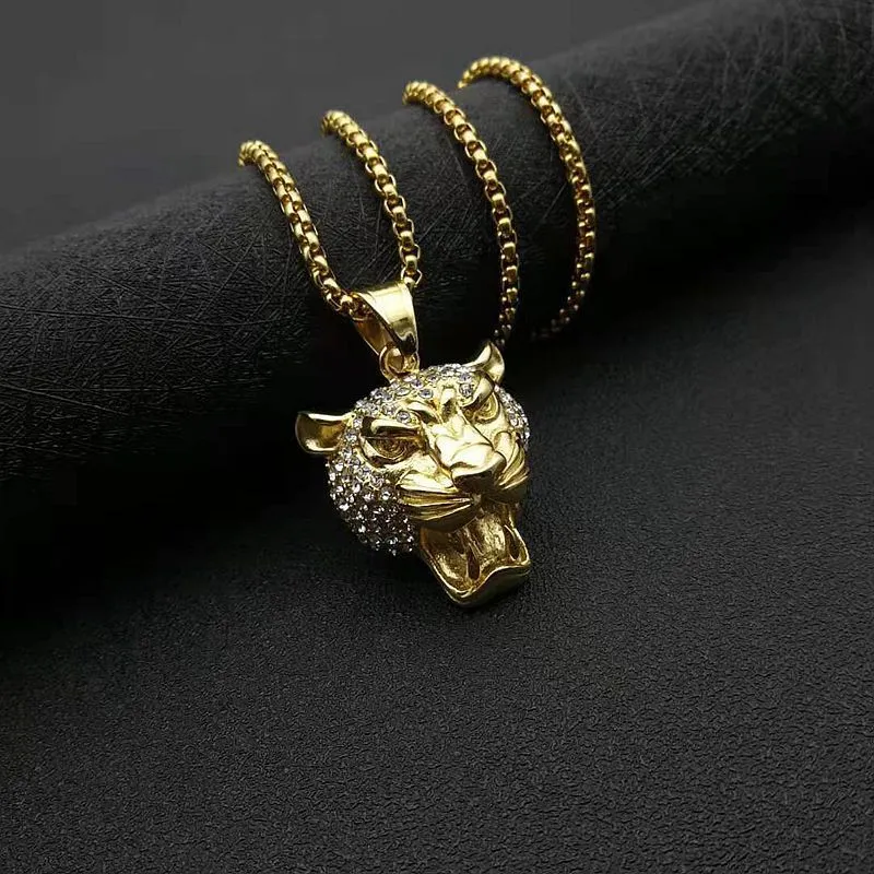 Stainless Steel Gold-plated Lion Head Pendant Necklace