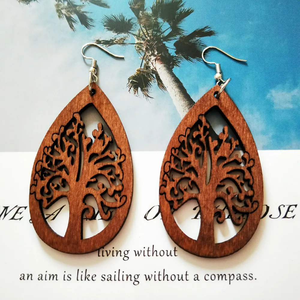 European And American African Retro Wood Drop-shaped Earrings 60mm Laser Cut