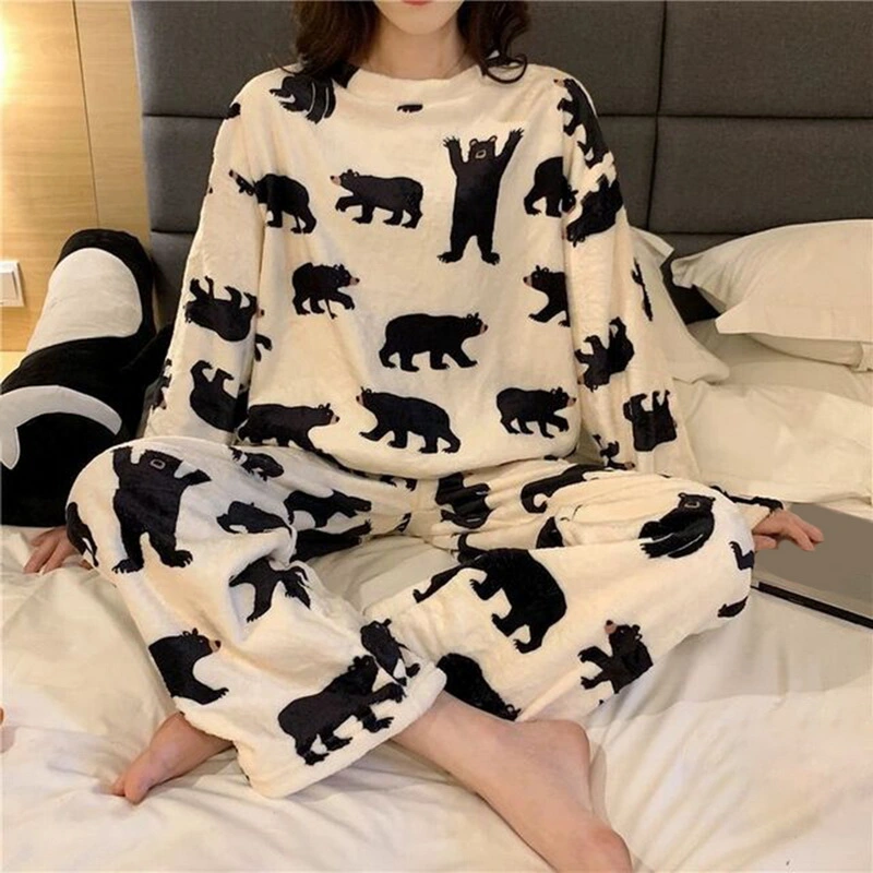 Pajamas Women's Flannel Long-sleeved Thickening Plus Velvet Cute Home Service Suit
