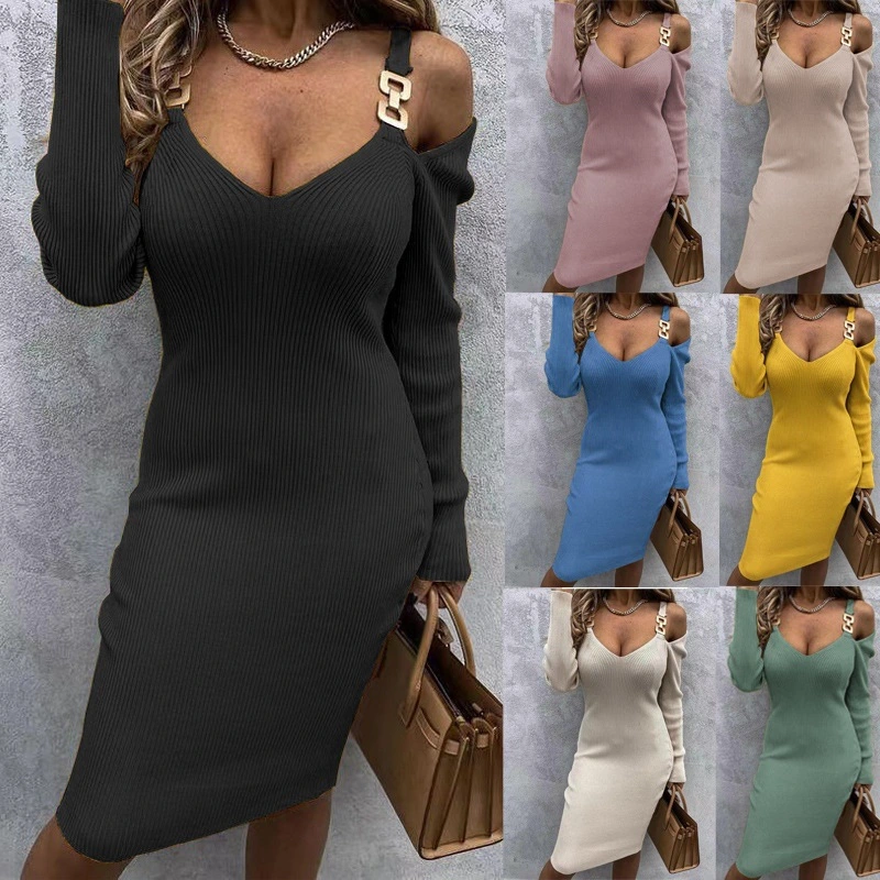 Women's Thread Waist Long Sleeve Knitted Hip Dress