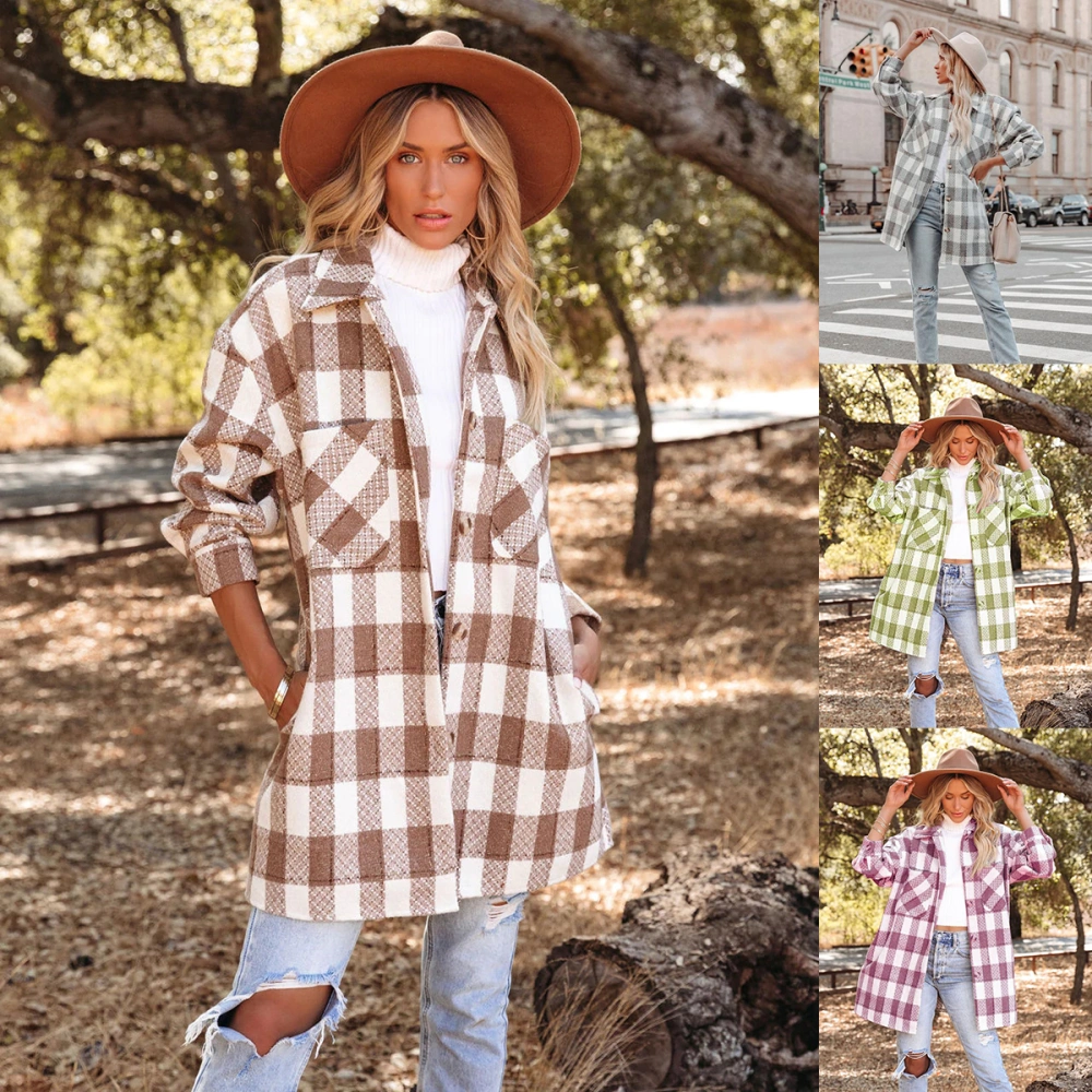 European And American Plaid Printed Long Woolen Coat