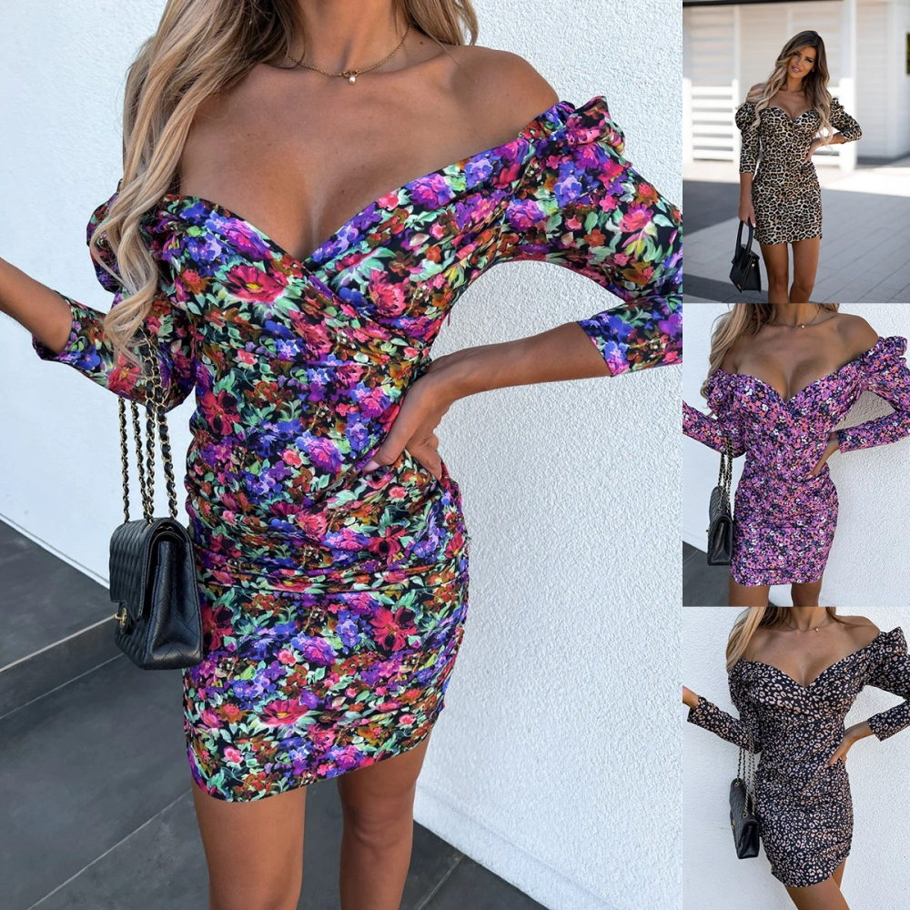 V-Neck Fashion Print Long Sleeve Dress