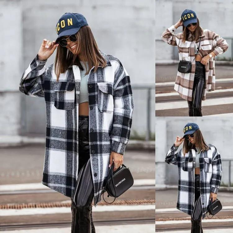 Medium Length Plaid Printed Coat