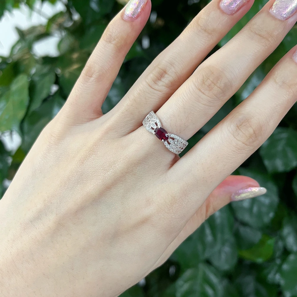 Sterling Silver Wheat Ear Hollow Ribbon  Red Gem Ring