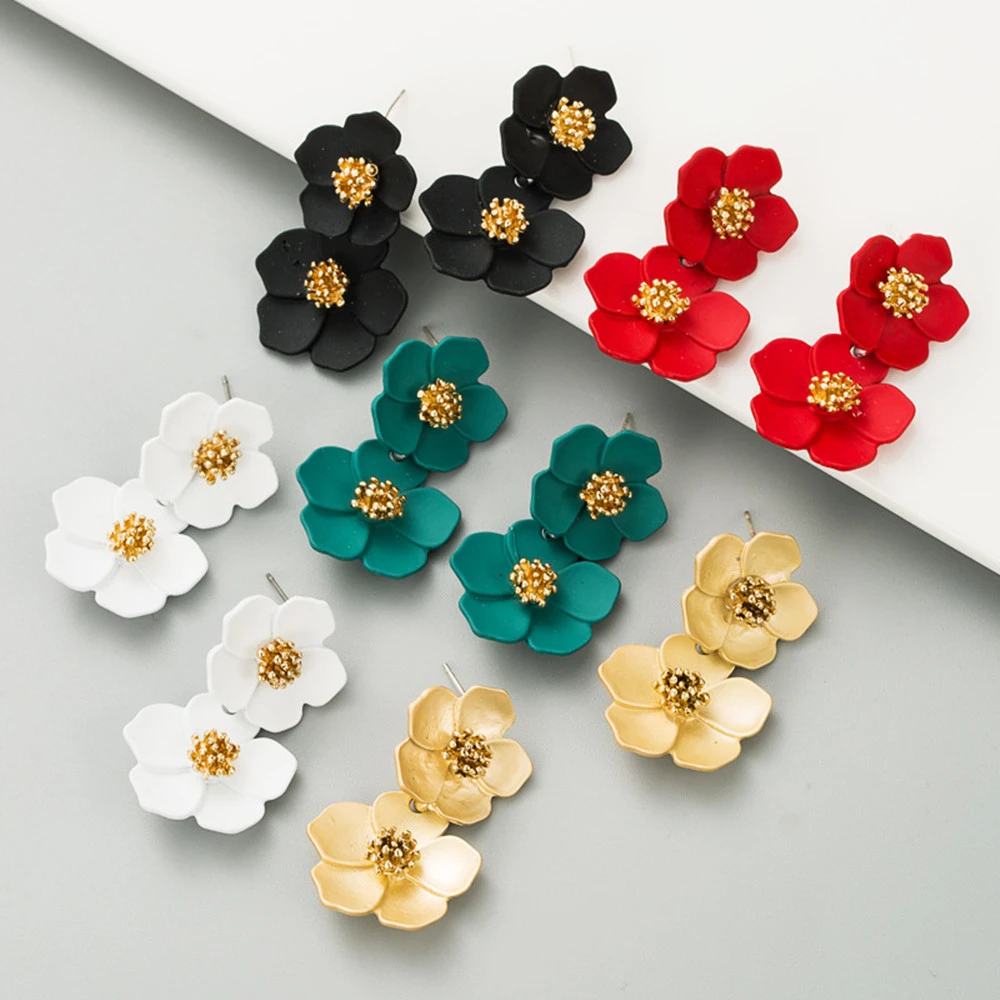 Flower Earrings Women's Multicolor Double Layer Long