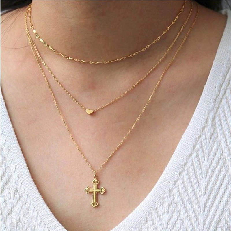 Peach Heart Cross Combination Multilayer Necklace