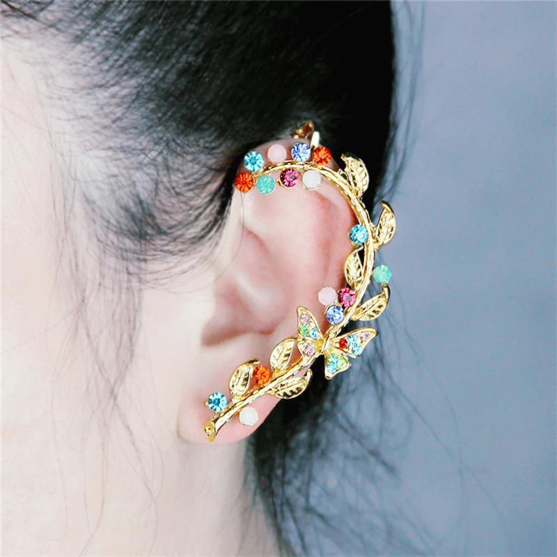 Diamond Studded Earrings Personality Exaggeration Color Diamond Leaf Ear Clip