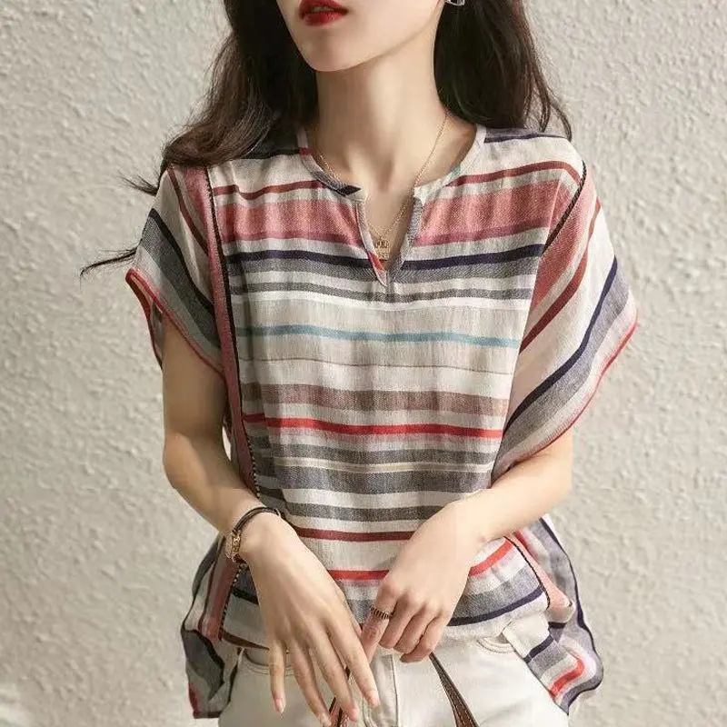 Women's Striped Shirt Korean Style Loose Cotton Linen Shirt