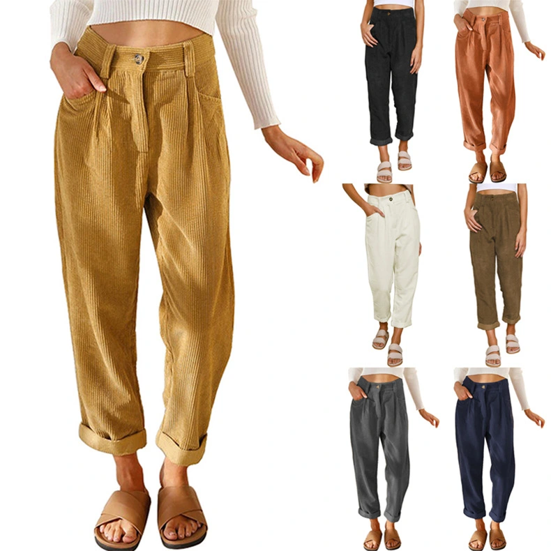Women's High Waist Casual Pants Corduroy Loose Straight Trousers
