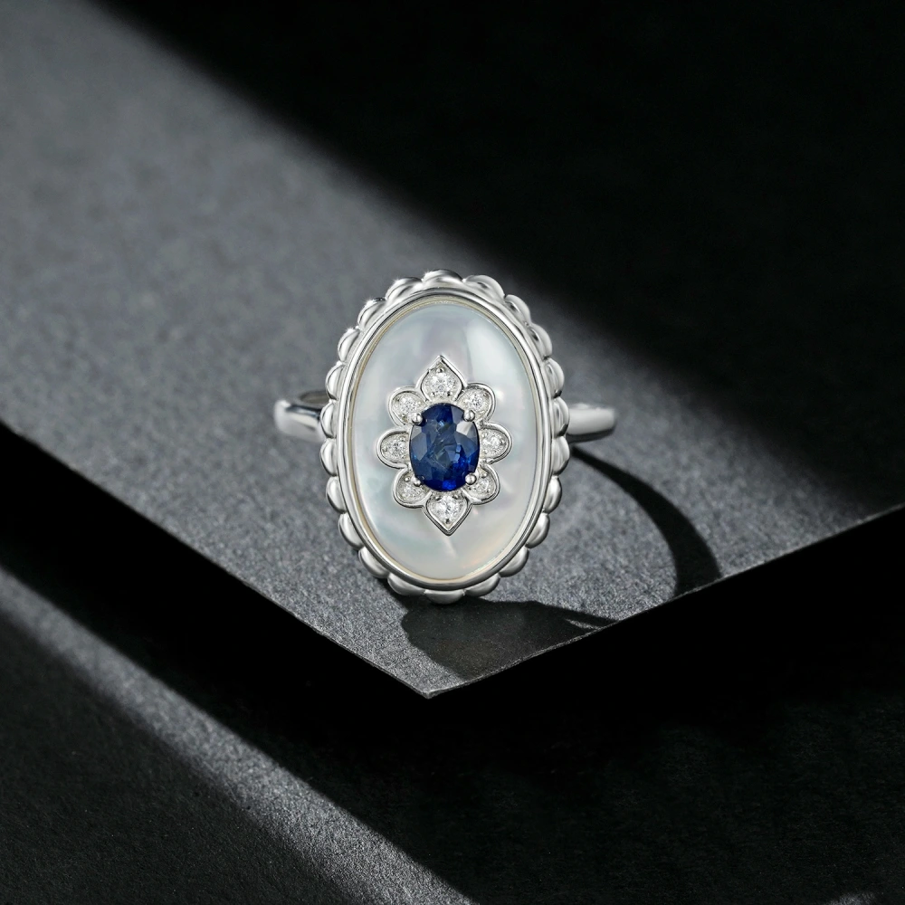 Simple S925 Sterling Silver Set Sapphire Ring Female Adjustable