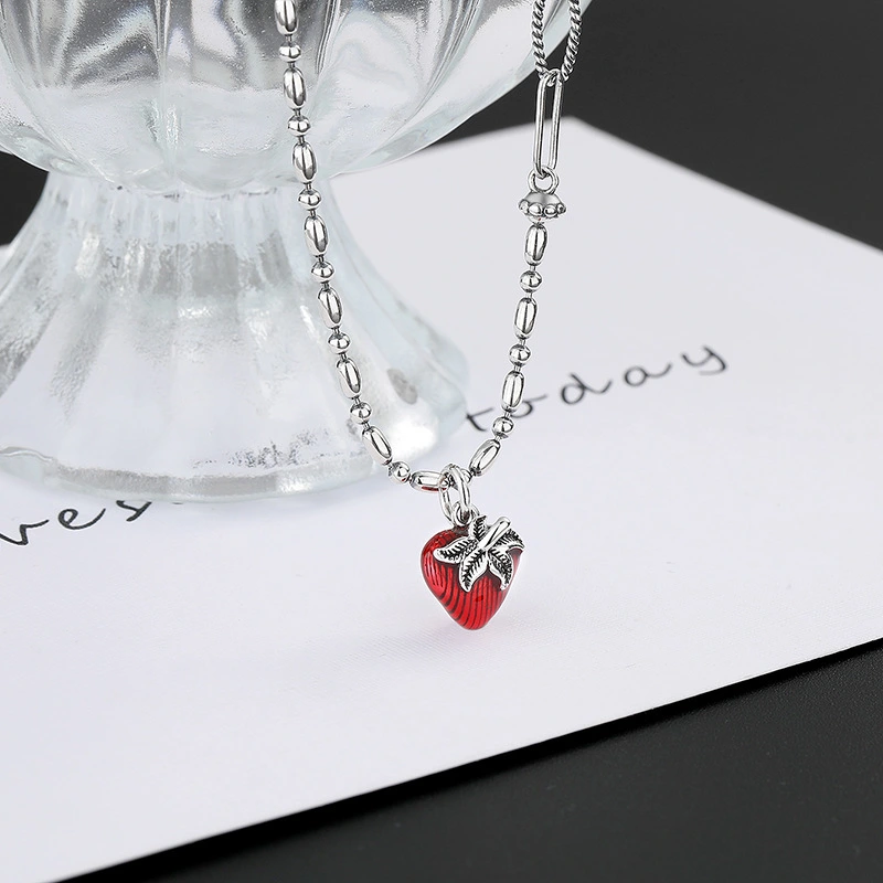 S925 Sterling Silver Vintage Cute Colorful Strawberry Pendant Necklace