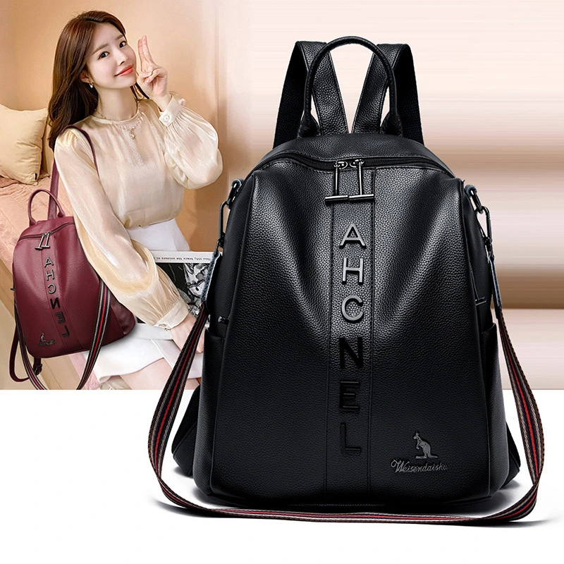 Fashion Backpack Women's Casual Letter Large Capacity Pu Soft Leather Lightweight Travel Bag