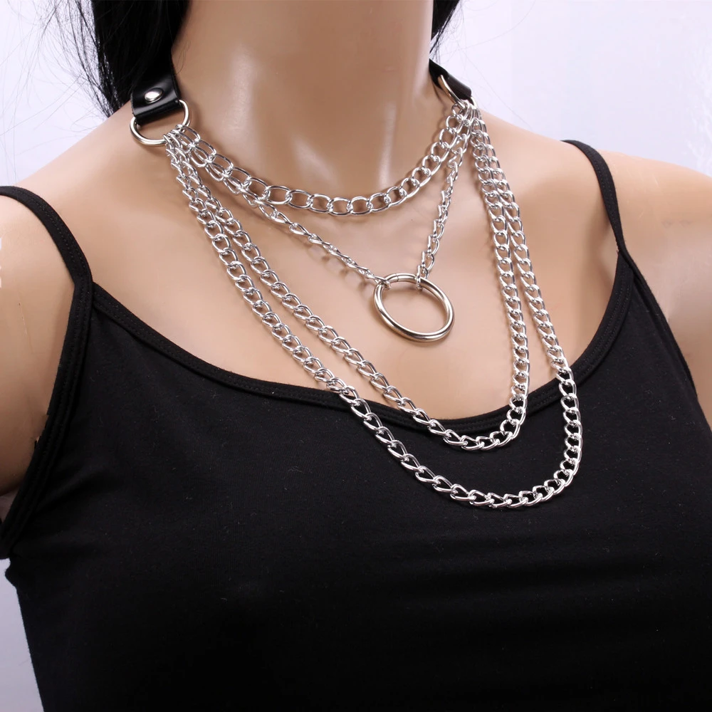 Retro Punk PU Metal Ring Necklace