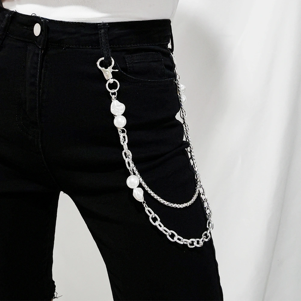 The New Silver Double-layer Trouser Chain Emulates The Pearl Fashionable Cool Punk Style Accessory Hip Hop Dance Decorative Jeans