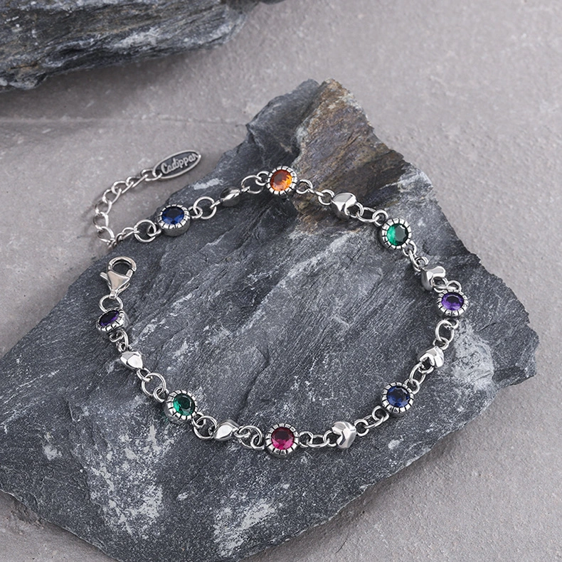 925 Sterling Silver Rainbow Zircon Solid Love Bracelet Girl