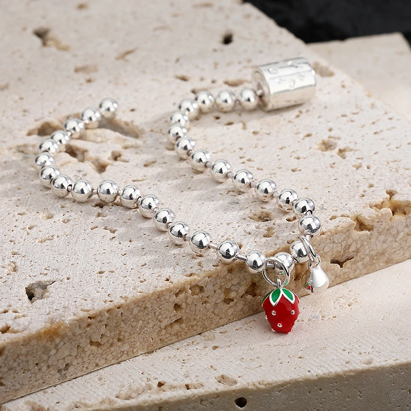 Sterling Silver S925 Small Strawberry Bell Silver Bead Parent-child Bracelet Female Transit Fashion DIY