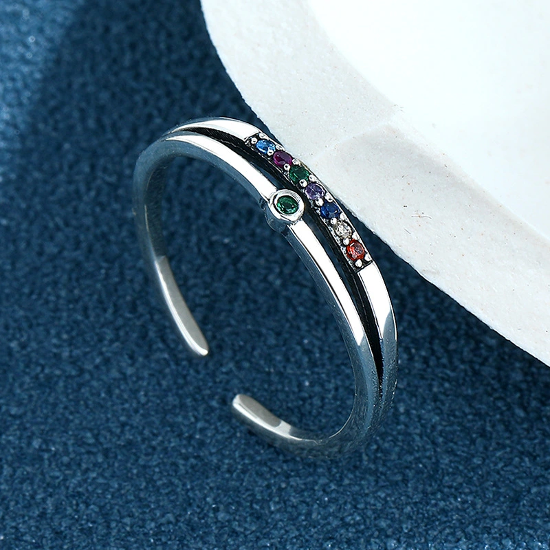 S925 Sterling Silver Retro Set Rainbow Zircon Double Layer Ring