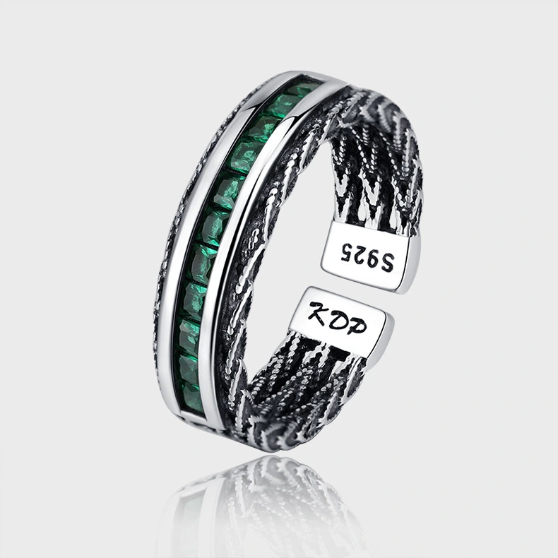 S925 Sterling Silver Unique Design Emerald Zircon Woven Fried Dough Twist Open-ended Ring