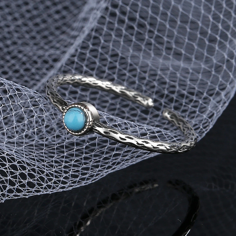 S925 Sterling Silver Simple Turquoise Old Ring Cool Wind Retro