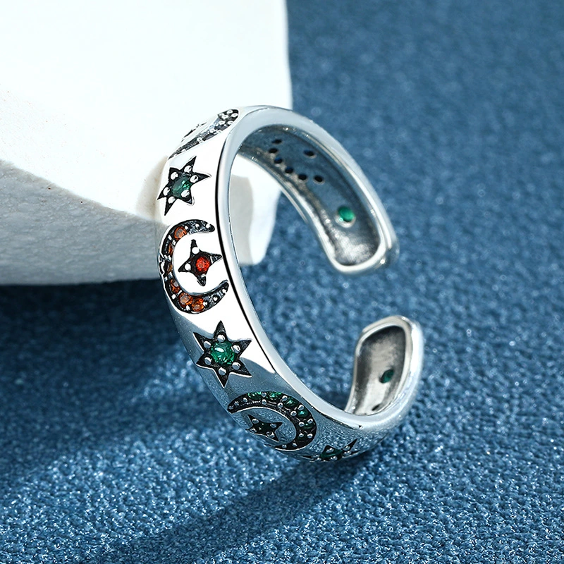 S925 Sterling Silver Colorful Zirconium Star Moon Ring For Women