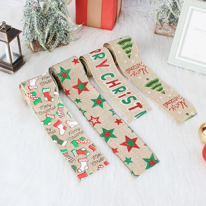 Christmas Ribbon Accessories With Wire Edge Printed Webbing Linen Decorative Belt