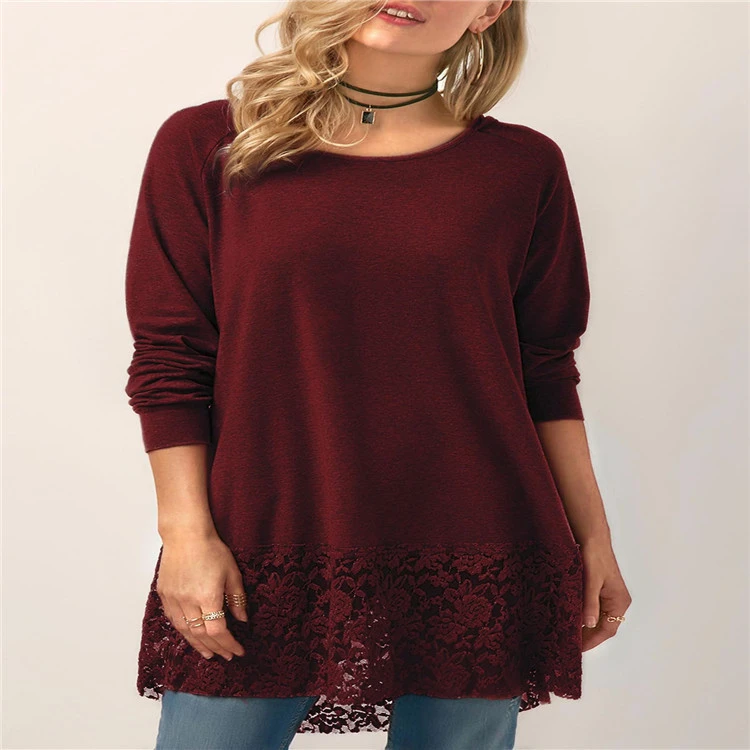 Lace Stitching Hooded Solid Color Long-sleeved T-shirt