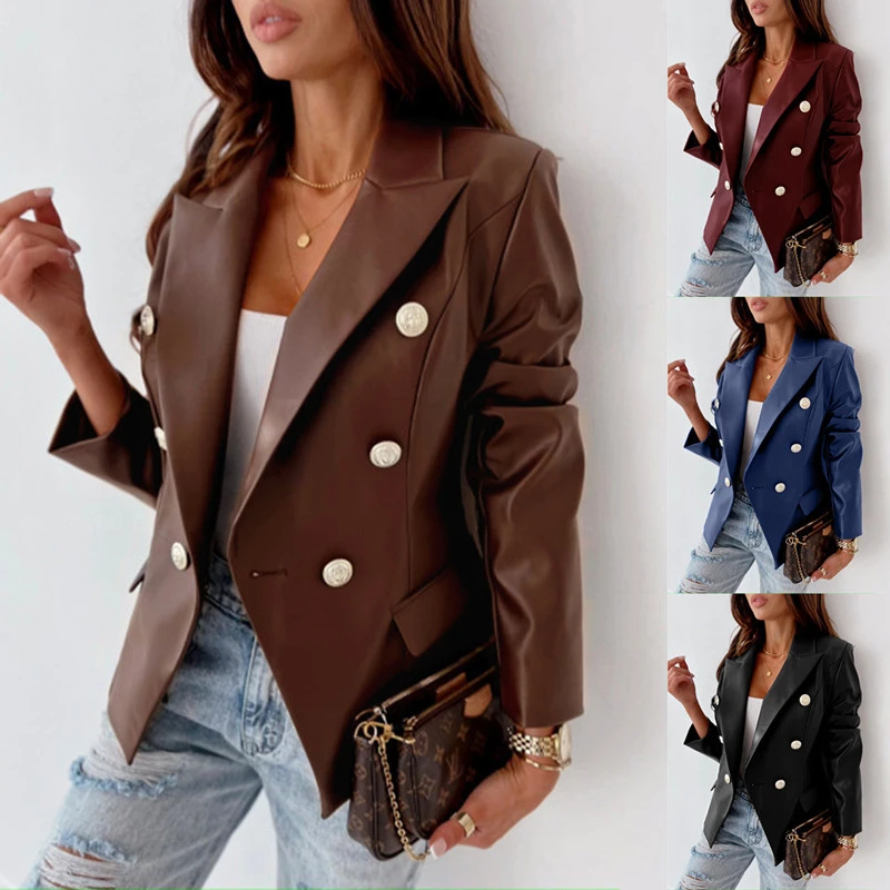 Casual Long Sleeved Double Breasted Fashionable PU Leather Suit Small Coat Women