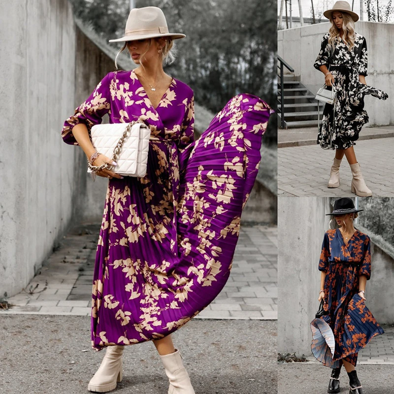 Fashionable Waist Strap Pleated Print Dress For Women