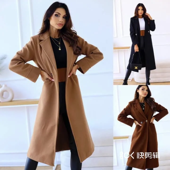 Simple Double Row Button Long Sleeve Lapel Button Woolen Coat Women