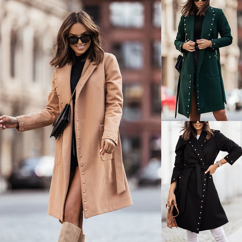 Long Riveted Solid Collar Woolen Coat