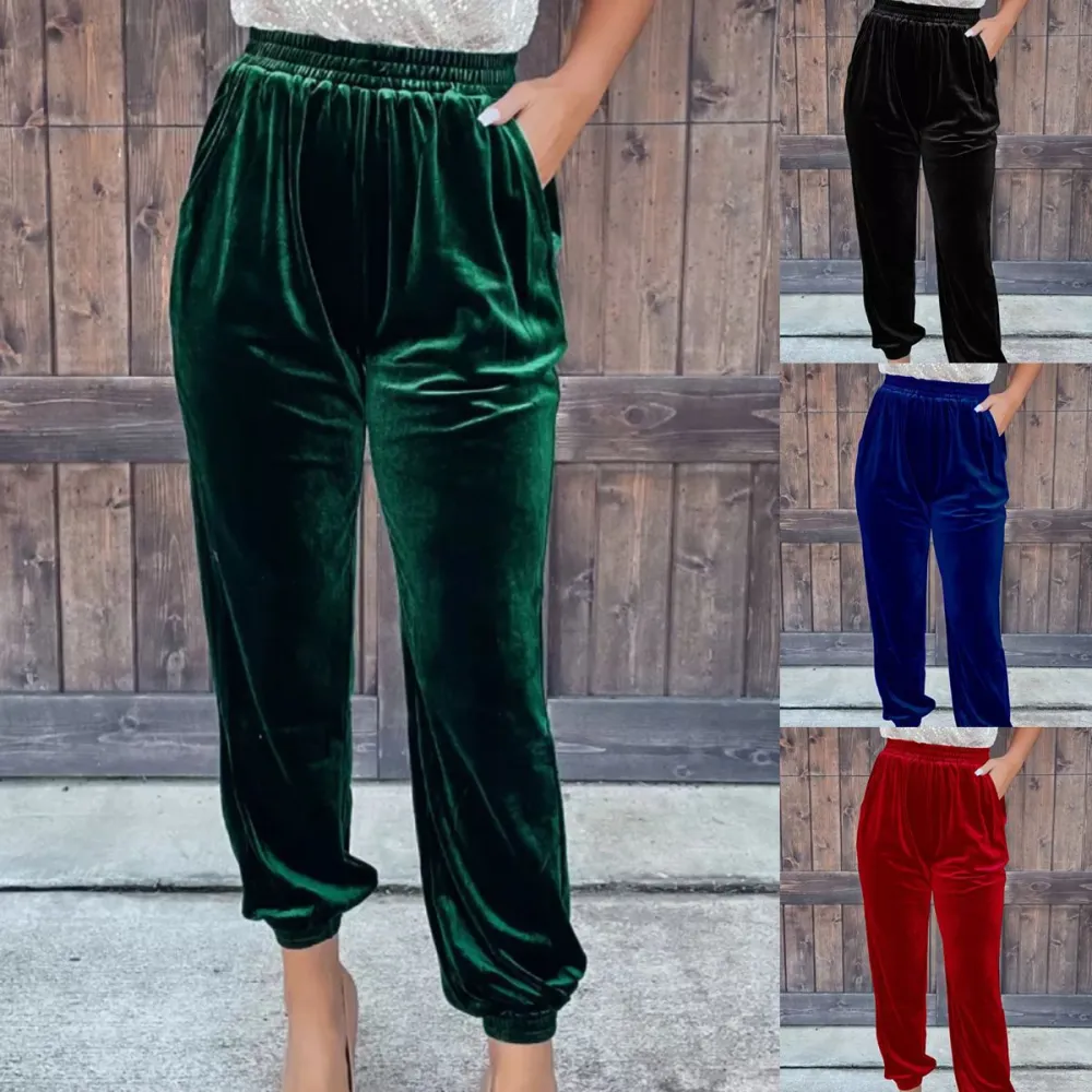 Women's Gold Velvet Trousers Straight Leg Elastic Waist Casual Pants