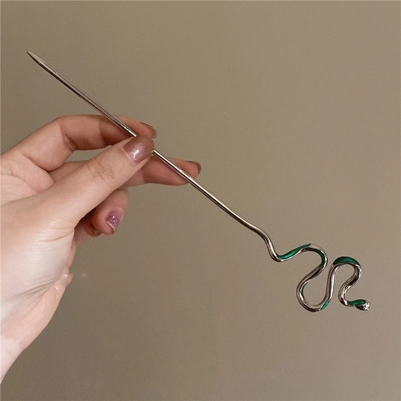 Snake Shaped Green Gem Antique Metal Hairpin