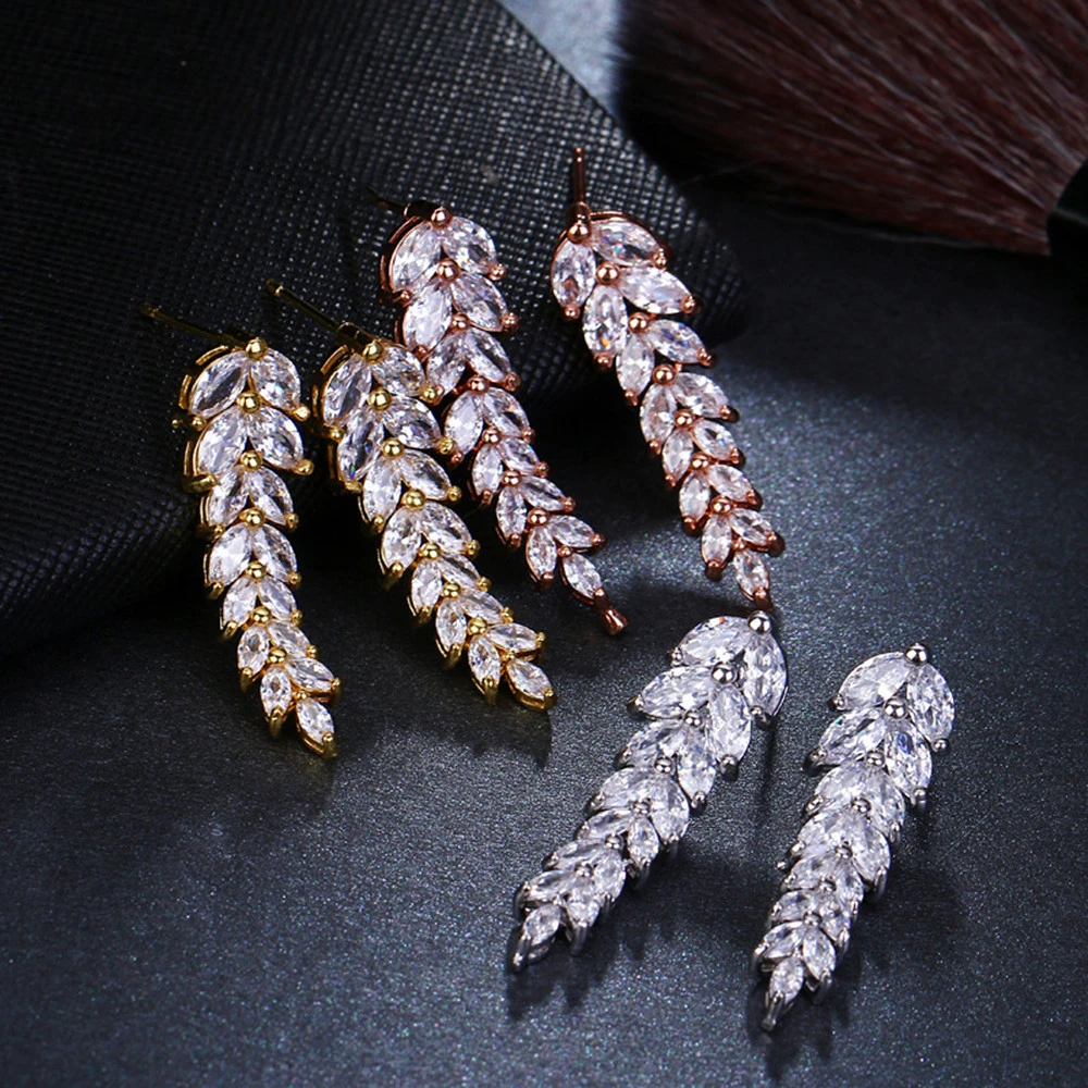 Temperament Personality Beautiful Jewelry Leaf Zircon Earrings