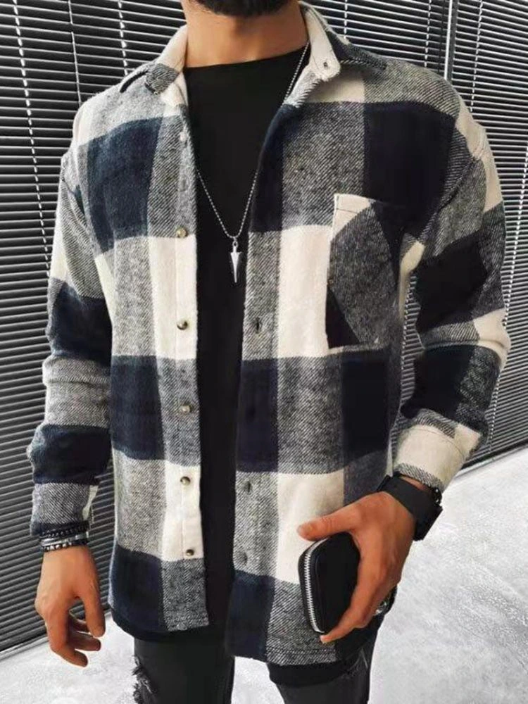 Colorblock Cardigan Lapel Long Sleeve Check Shirt