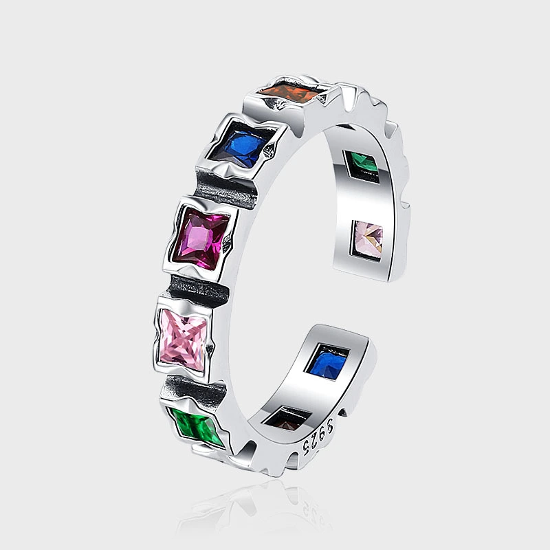 S925 Sterling Silver Square Colorful Zircon Ring Female Hip Hop Retro