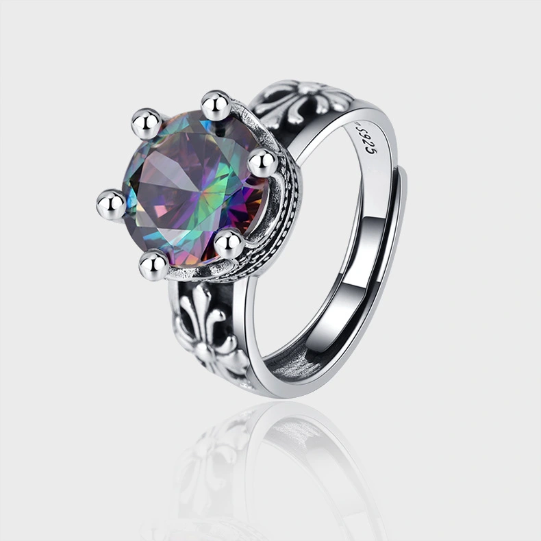 S925 Sterling Silver Vintage Multicolor Zircon Crown Ring Female