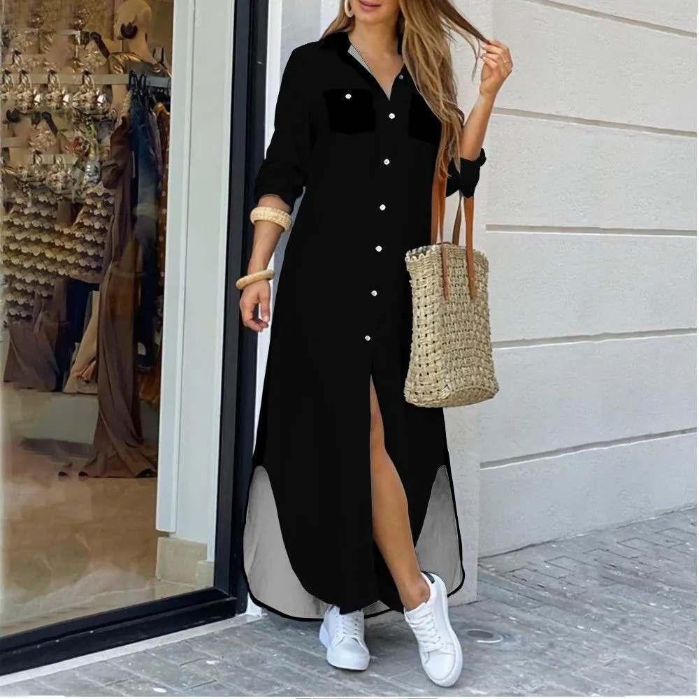 Fall Winter Fashion Shirt Solid Long Dress