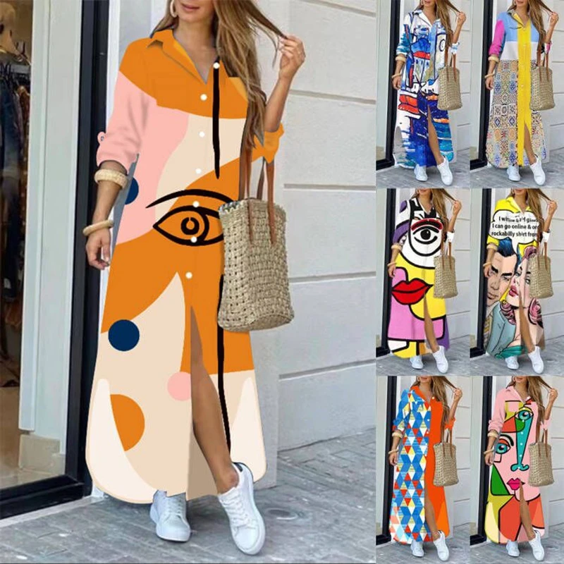 Autumn And Winter Fashionable Printed Shirt Long Dress
