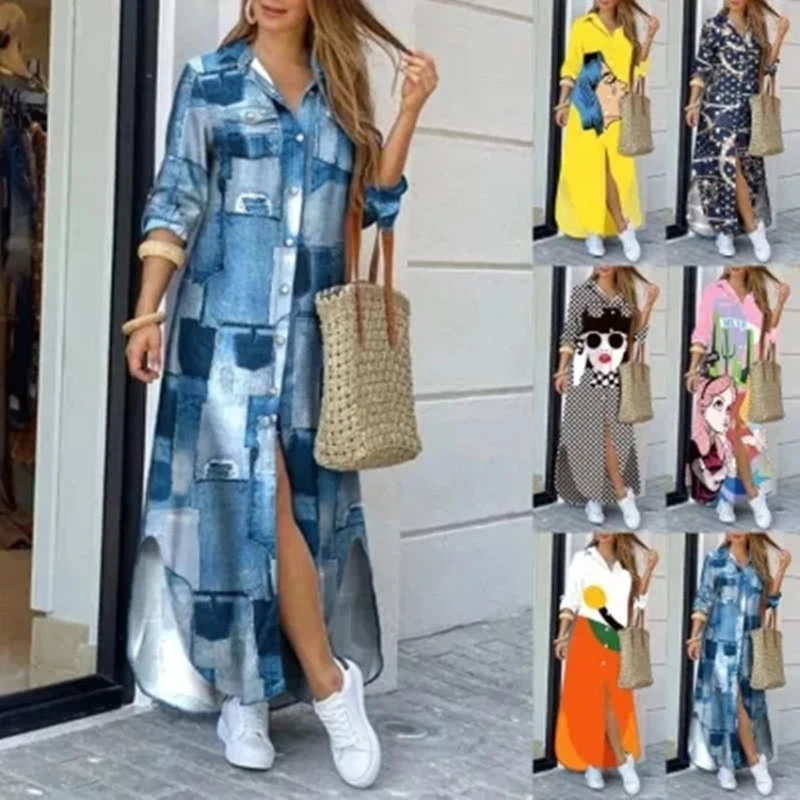 Autumn And Winter Fashionable Printed Shirt Long Dress