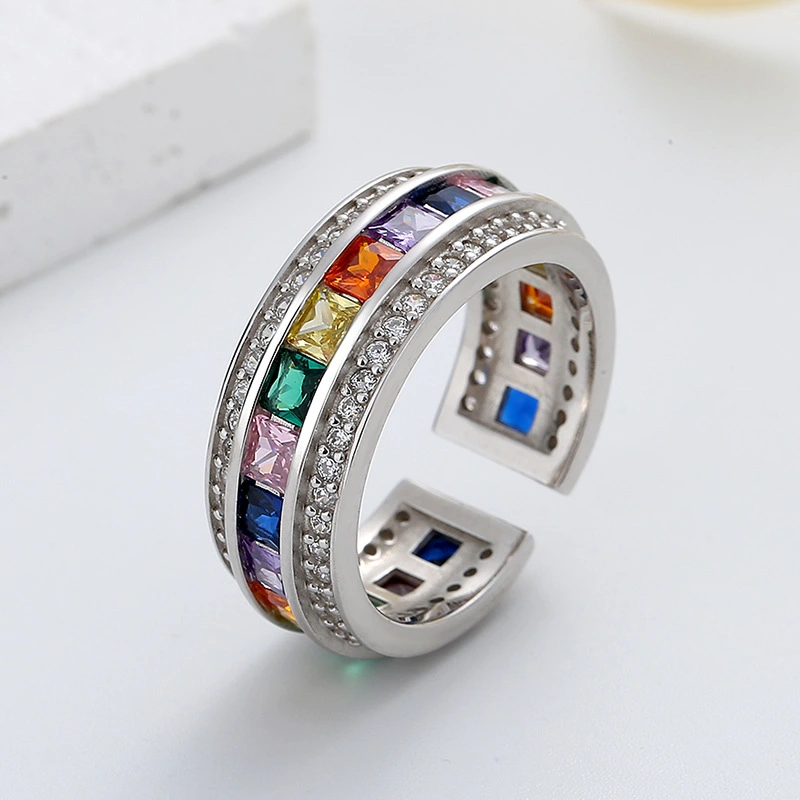 S925 Sterling Silver Light Luxury Set Rainbow Ring Female Colorful Full Diamond