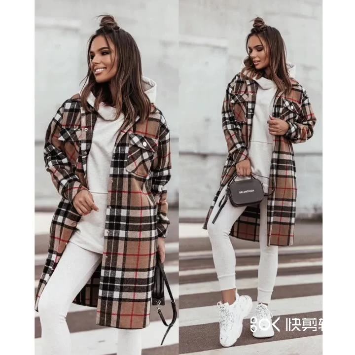 Fashion Printed Plaid Top Long Woolen Coat Women