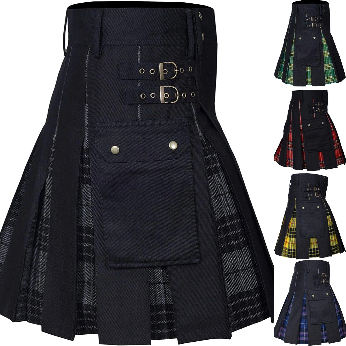 Men's Scottish Plaid Contrast Pleated Skirt
